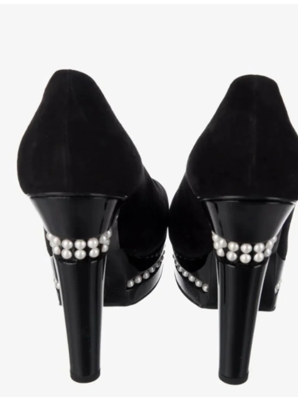 Chanel Pearl Platform Pumps Heels Cap Toe Black Suede Size 38 US 8.5